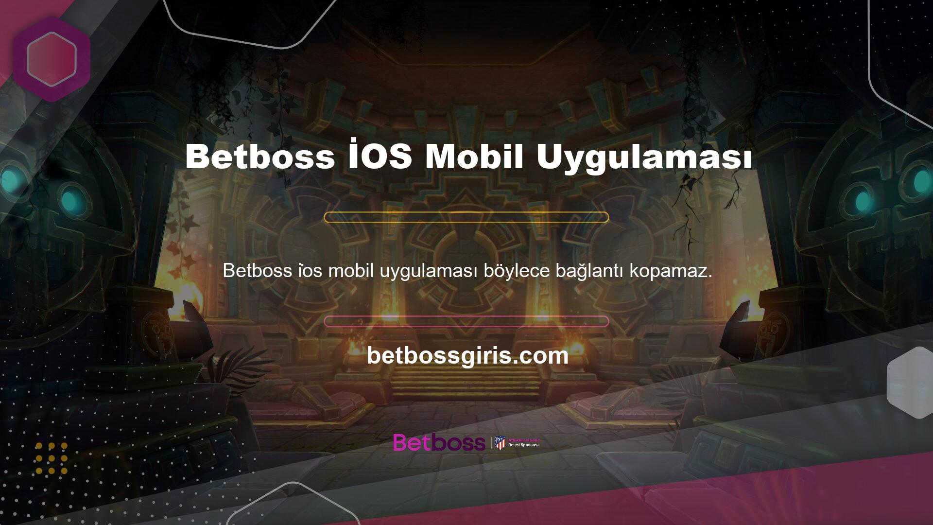 Web sitesi, Betboss İOS mobil uygulaması hakkında bilgi almak, giriş yapmak ve üye olduktan sonra para yatırmak için 7/24 müşteri desteği sağlar